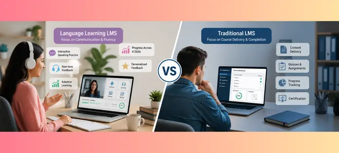 Language Learning LMS vs Traditional LMS Comparison of a Language Learning LMS and a Traditional LMS highlighting interactive language learning and course management features